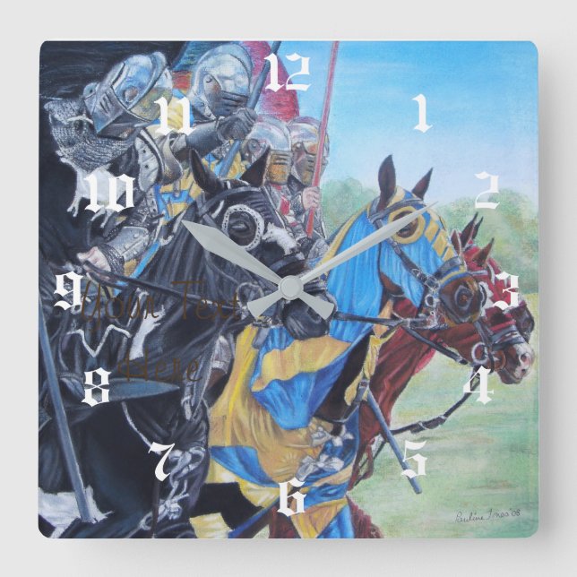 Historische mittelalterliche Ritter jouten auf Pfe Quadratische Wanduhr (Vorderseite)