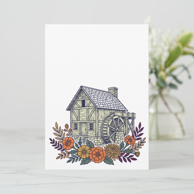 Historische Mühle mit Herbstblumen (Stehend Vorderseite)