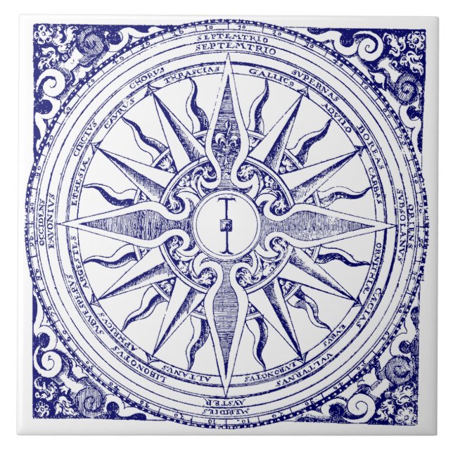 Historische Nautic Compass Blue & White Print Fliese (Vorderseite)