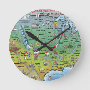 Historische Route 66 Cartoon Karte Runde Wanduhr