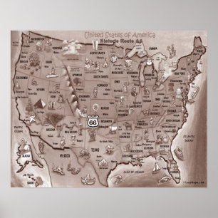 Historische Route 66 USA Cartoon Map Poster