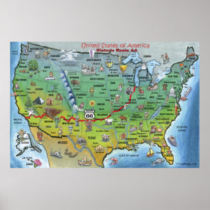 Historische Route 66 USA Cartoon Map Poster