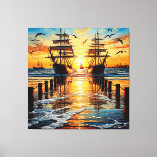 Historische Tall Ships, die bei Sonnenuntergang mi Leinwanddruck