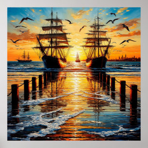 Historische Tall Ships, die bei Sonnenuntergang mi Poster
