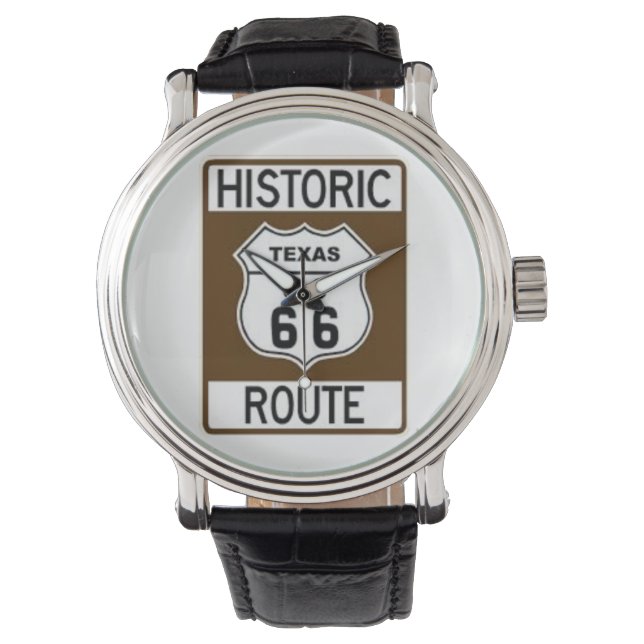 Historische Texas Route 66 Black Leather Watch Armbanduhr (Vorderseite)
