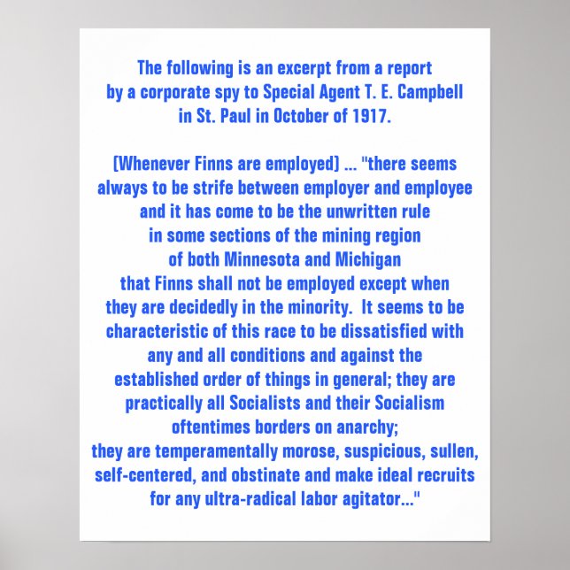 Historischer Bericht 1917 USA über finnische Arbei Poster (Vorne)