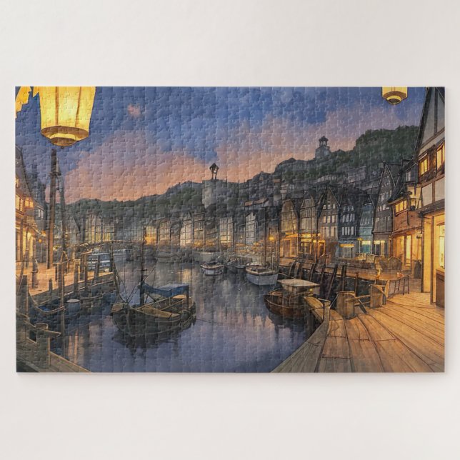 Historischer europäischer Hafen bei Nacht Puzzle (Horizontal)