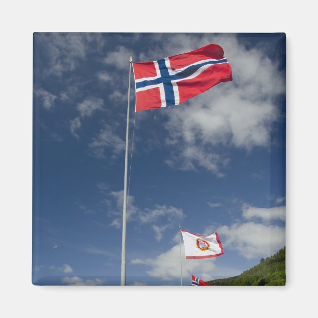 Historisches Hafengebiet Bergen mit Flaggen Magnet (Vorne)