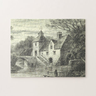 Historisches Mill-Gebäude mit Wasserräderpuzzle Puzzle