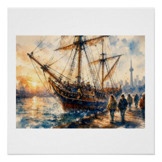 Historisches Schiff bei Sonnenuntergang, Poster