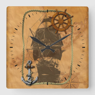 Historisches Segelschiff und nautische Karte Quadratische Wanduhr