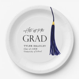 Hit Off To Grad Blue & Gold Tassel Abschluss Pappteller
