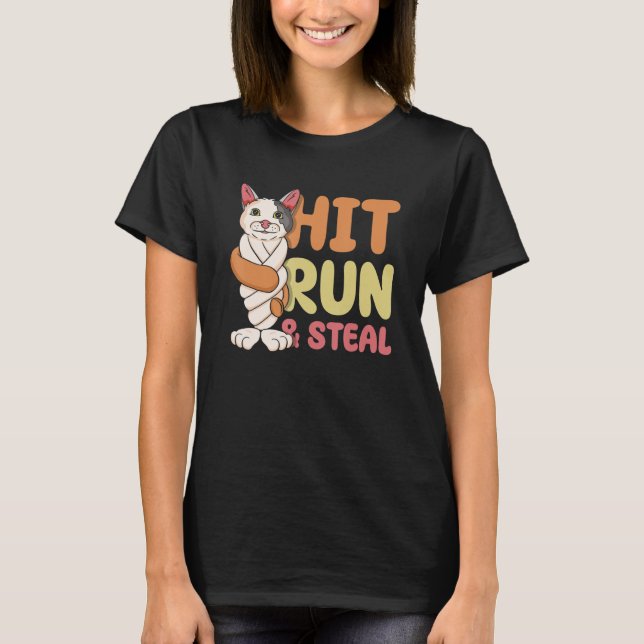 Hit Run & Steal Baseball Twisted Bat Katze Funny S T-Shirt (Vorderseite)