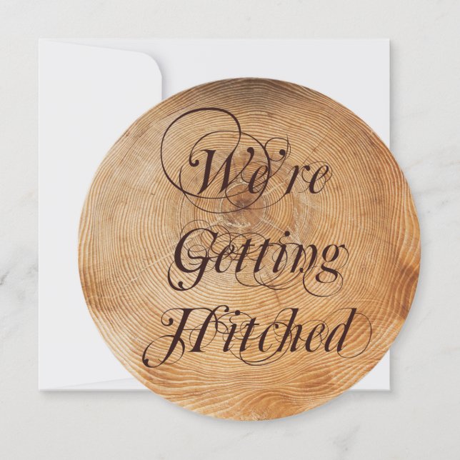 Hitched Wood Tree Rings Wedding Einladung (Vorderseite)