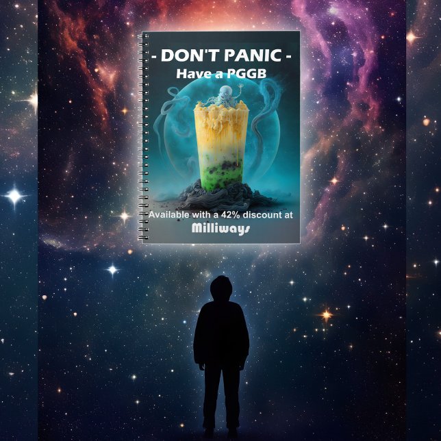 Hitchhikers Notizblock (A notebook is displayed floating with the universe as a backdrop)