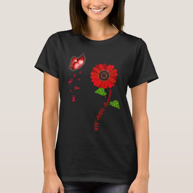 HIV Aids Awareness Red Butterfly Sunflower Ribbon T-Shirt (Vorderseite)