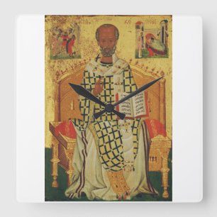 Hl. Nikolaus von Myra byzantinische orthodoxe Ikon Quadratische Wanduhr