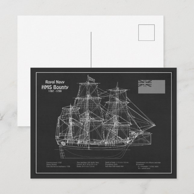HMS Bounty - Pläne für den Schiffsbau - PD Postkarte (Vorne/Hinten)