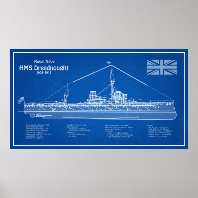 HMS Dreadnought - Ship Blueprint ABD Poster (Vorne)