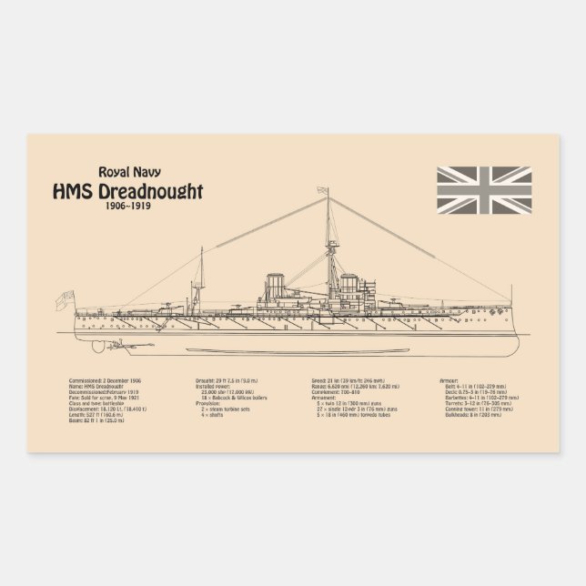 HMS Dreadnought - Ship Blueprint SD Rechteckiger Aufkleber (Vorderseite)