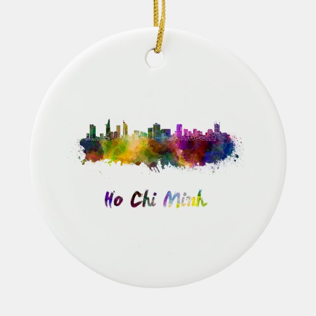 Ho Chi Minh Skyline in Aquarellfarbe Keramik Ornament (Vorne)