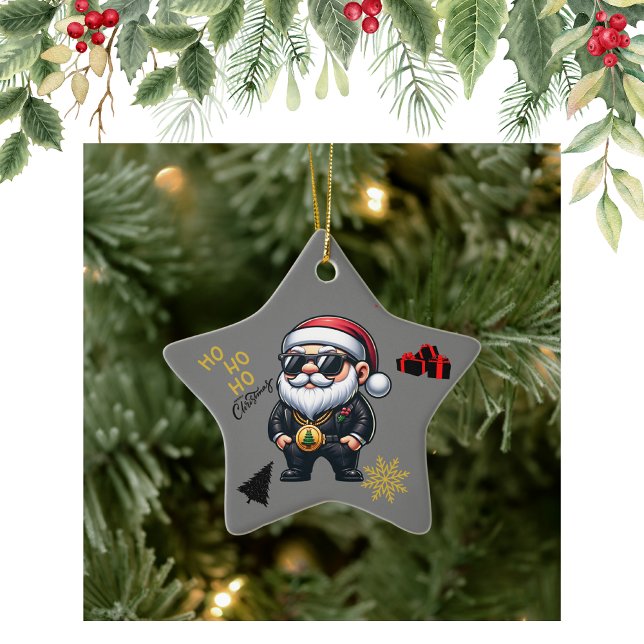 Ho Ho Frory Christmas Gangster auf Grau | Keramik Ornament (Von Creator hochgeladen)