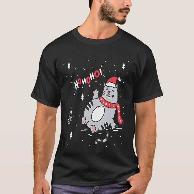 Ho Ho Ho Cat Santa Cat with Santa Hat Xmas T-Shirt (Vorderseite)