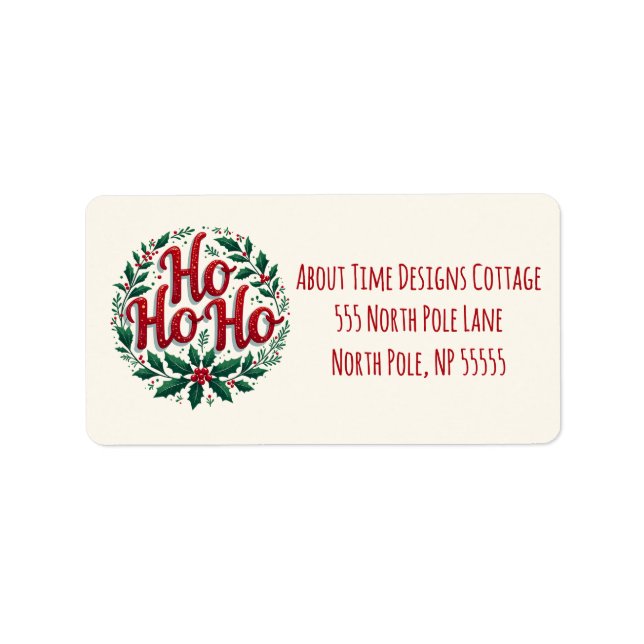 Ho Ho Ho Christmas Wreath Typography Design Adressaufkleber (Vorne)