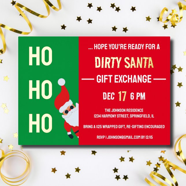 HO HO HO Dirty Santa Geschenk Austausch Weihnachts Folieneinladung (HO HO HO Dirty Santa Gift Exchange Christmas Party Foil Invitation)