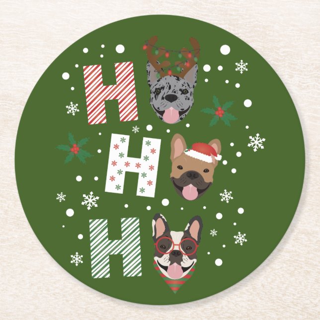 Ho Ho Ho French Bulldog Frohe Weihnachten Runder Pappuntersetzer (Vorderseite)