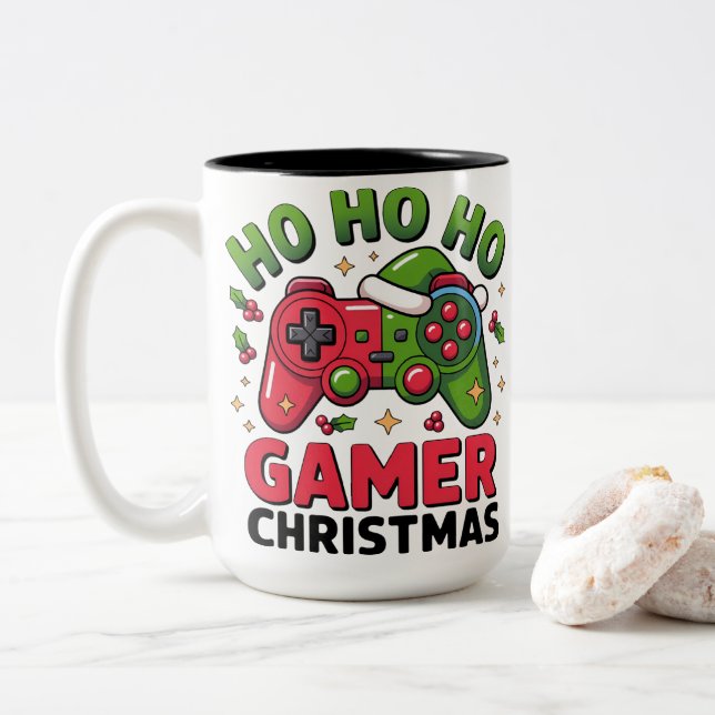 Ho Ho Ho Gamer Christmas Controller Illustration Zweifarbige Tasse (Mit Donut)