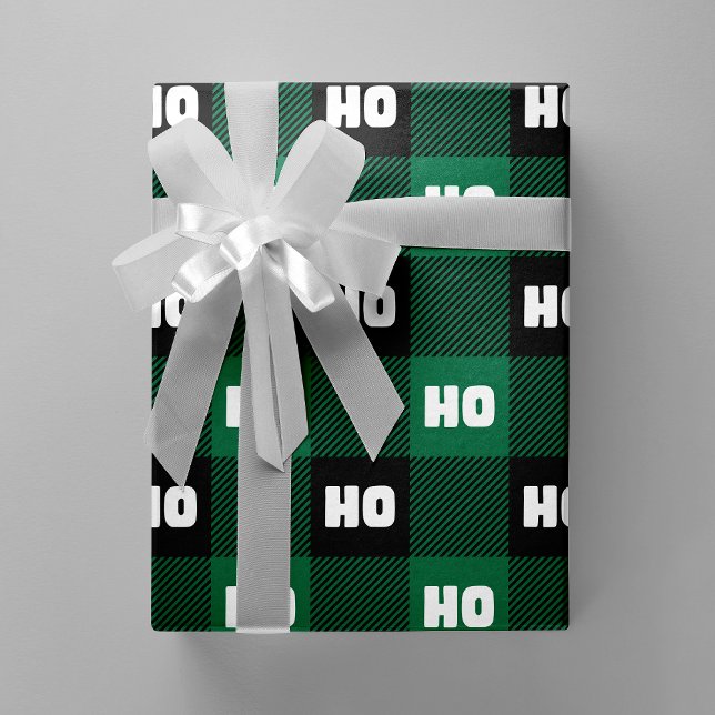 Ho Ho Ho Green Black White Christmas Buffalo Plaid Geschenkpapier (Ho Ho Ho Green Black White Christmas Buffalo Plaid Wrapping Paper)