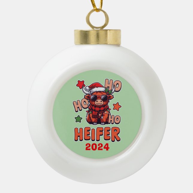 Ho Ho Ho Heifer Keramik Kugel-Ornament (Vorderseite)
