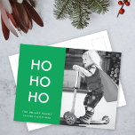 Ho Ho Ho | Hellgrünes Weihnachtsjubelschrei-Foto Feiertagspostkarte<br><div class="desc">Einfache, stilvolle "Ho Ho Ho Ho" Foto Postkarte in hellgrün mit einer modernen minimalistischen Typografie in Weiß, die leicht mit Ihrem eigenen Gruß, Familiennamen & Jahr für eine angesagte Festsaison personalisiert werden kann! Die Karte zeigt ein Beispielbild eines bezaubernden kleinen Jungen, der auf einem Roller reitet und imaginäre Superheld spielt....</div>