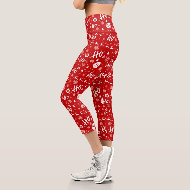 Ho Ho Ho Ho Red & White Christmas Pattern Capri Leggings (Links)