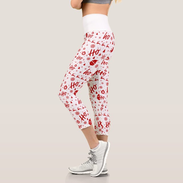 Ho Ho Ho Ho White & Red Christmas Pattern Capri Leggings (Links)