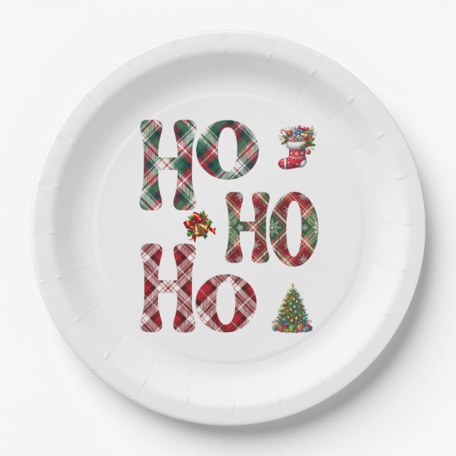 Ho Ho Ho Kariert Weihnachten Pappteller (Vorderseite)
