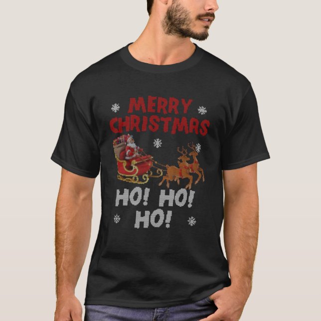 Ho Ho Ho mit Weihnachtsmannmütze Frohe Weihnachten T-Shirt (Vorderseite)