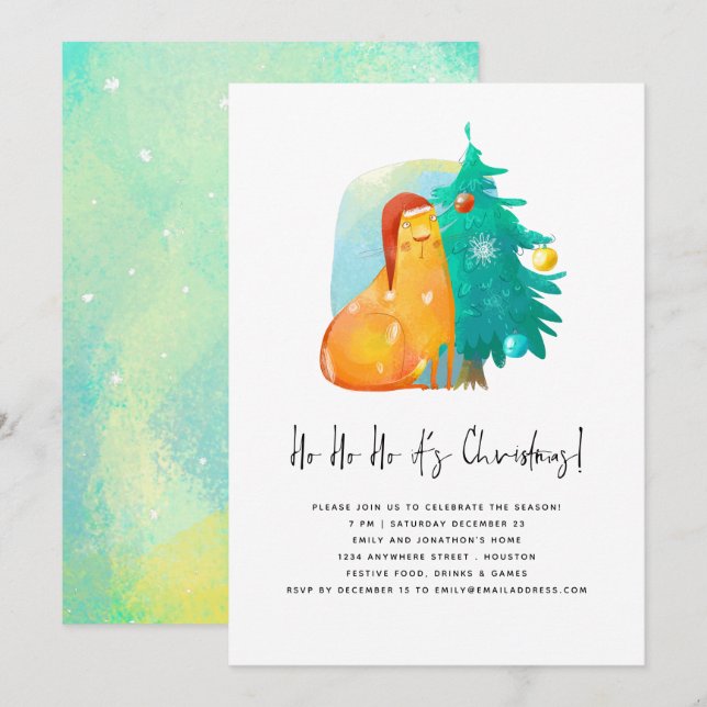 Ho Ho Ho Niedlich Cat Tree Weihnachten Party Einladung (Vorne/Hinten)