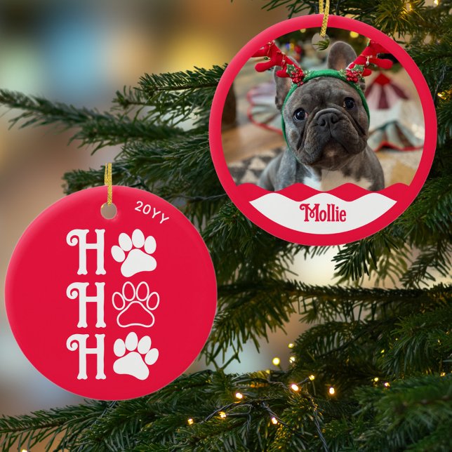 Ho Ho Ho Paw Print Niedlich Dog Foto Personalisier Keramik Ornament (Cute fun personalized Ho Ho Ho paw print dog photo Christmas ornament)