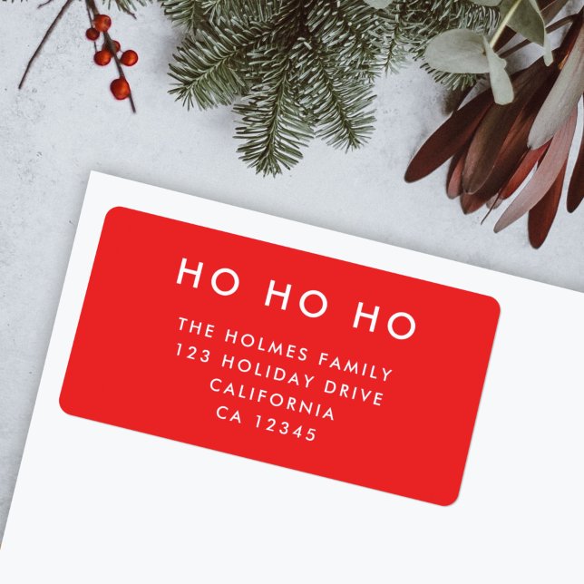 Ho Ho Ho | Rote Weihnachten Minimalistische Rückse Adressaufkleber (Modern bright red “Ho Ho Ho” return address label by Guava for your festive mail)