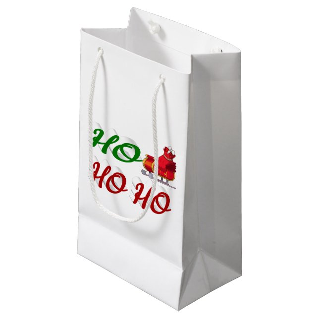 Ho Ho Ho Santa Sleigh Weihnachtsgrüne Schrift Kleine Geschenktüte (Vorderseite Schrägansicht)