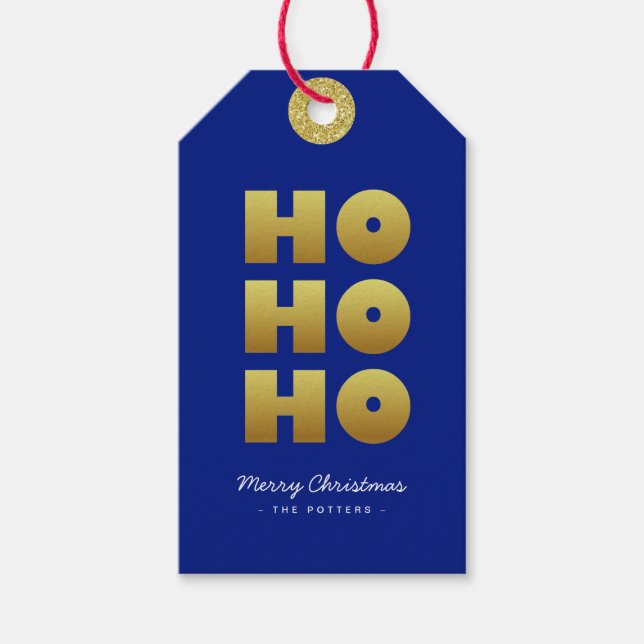Ho Ho Ho | Spaß Weihnachten Blau & Gold Geschenkanhänger (Vorderseite)