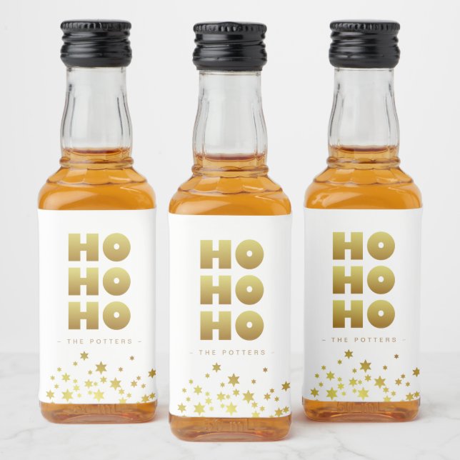 Ho Ho Ho | Spaß Weihnachten White & Gold Mini Alkoholflaschenetikett (Flaschen)