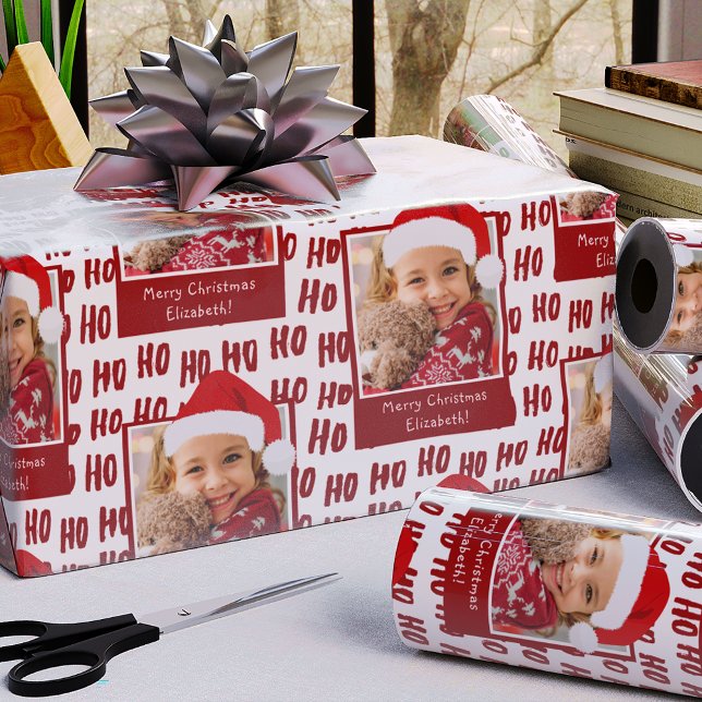 Ho Ho Ho Text Holiday Pattern w Foto Christmas v2 Geschenkpapier (Von Creator hochgeladen)