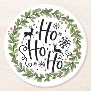 Ho Ho Ho Watercolor Wreath Runder Pappuntersetzer