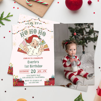 Ho Ho Ho Weihnachten 1. Geburtstag Party Foto Einladung