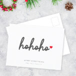 Ho Ho Ho | Weihnachtsherz Modernes Minimalistisch Feiertagspostkarte<br><div class="desc">Moderne,  minimalistische Urlaubspostkarte mit "ho ho ho ho ho" in Schrift-Handschrift Typografie gefolgt von einem roten Herz. Die Nachricht "Alles vergnügen" kann leicht zusammen mit Ihren Familiennamen für eine persönliche Touch personalisiert werden. Das Gegenteil ist in einer schlichten,  komplementären Rottönung für ein super festliches Weihnachtsgefühl!</div>