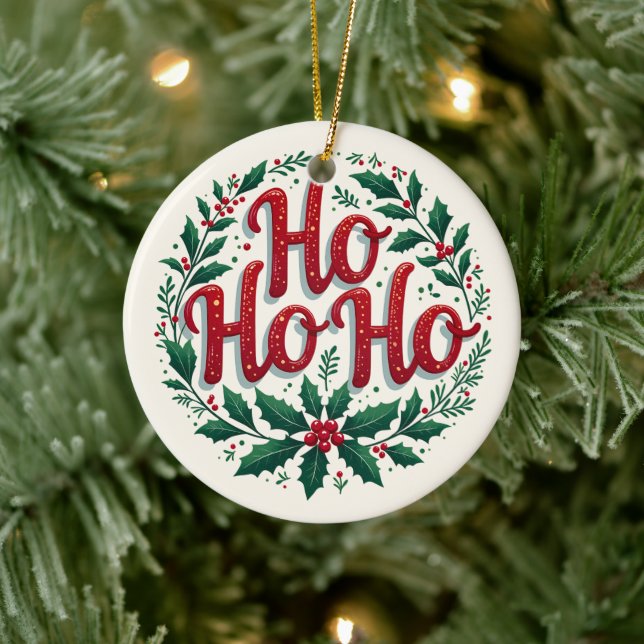 Ho Ho Ho Weihnachtskranz-Typografie-Design Keramik Ornament (Baum)