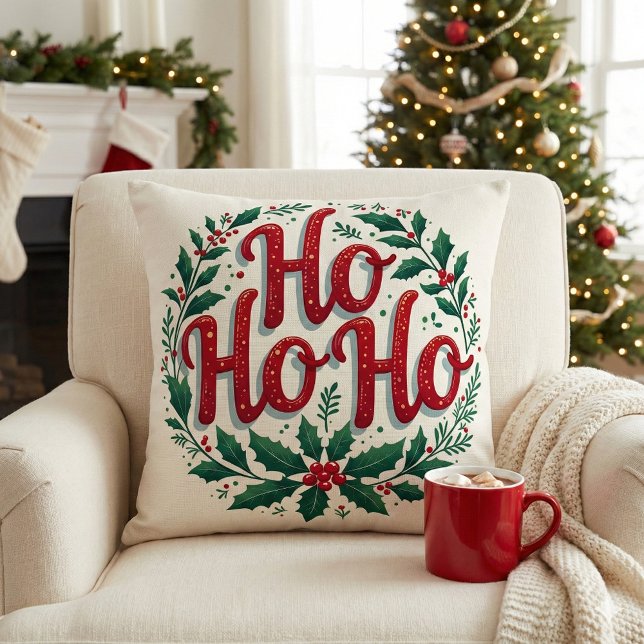 Ho Ho Ho Weihnachtskranz-Typografie-Design Kissen (Ho Ho Ho Christmas Wreath Typography Design Throw Pillow Mockup A)